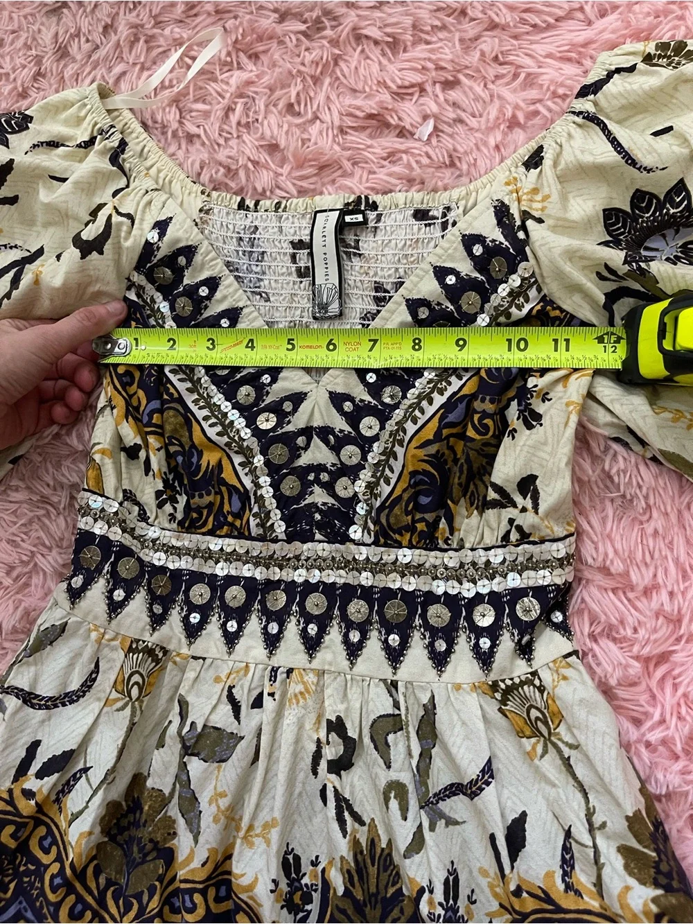 Scarlett Poppies Embellished Boho Mini Dress XS Puff Sleeve Smocked Floral - Picture 3 of 4